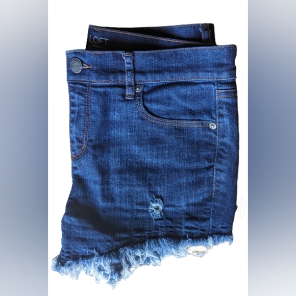 EUC LOFT Outlet dark wash 5 pocket cut off jean shorts frayed hem zip button fly - Picture 4 of 9